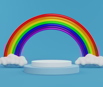 3d abstract minimalist geometric forms. Pastel Blue theme podium with rainbow and cloud for your design. Fashion show stage,pedestal, shopfront. photo