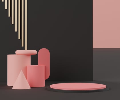 3d abstract minimalist geometric forms. Luxury podium display in  Black Pink coral color theme. Fashion show stage,pedestal, shopfront for display. photo