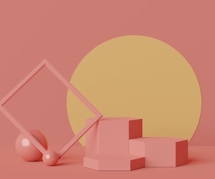 3d geometric forms. Cylinder podium in coral pink color. Fashion show stage,pedestal, shopfront with colorful theme. Minimal scene for  product display. photo