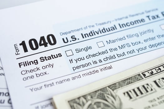 Tax Return form 1040 and dollar banknote, U.S. Individual Income. photo