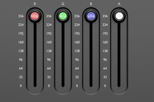 3D illustration of a scale for adjusting the colors of red, blue, green and transparent photo
