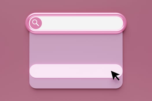 3D illustration search frame, box, panel on the internet with a magnifying glass icon, a large white field for choosing from options on a pink background photo