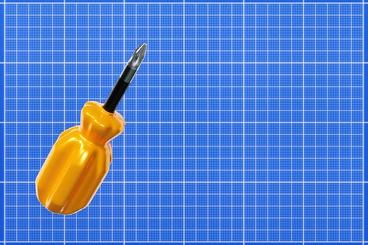 3D illustration of a screwdriver with a yellow  handle in cartoon style on graph paper. Hand carpentry tool for DIY shop. photo