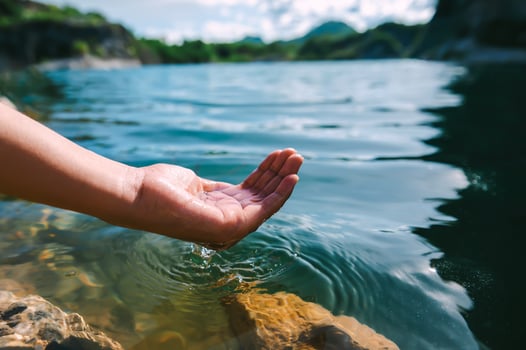 hand holding water in pond photo