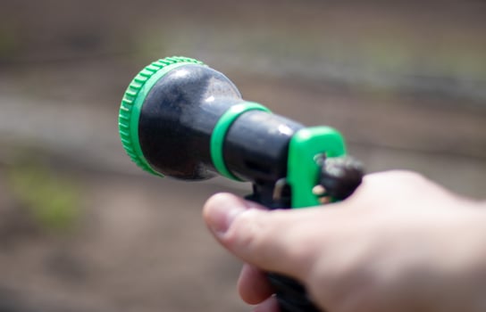 The gardener's hand holds a hose with a sprayer and waters the plants in the garden. Green atomizer in hand with a large lan. Horticulture hobby concept. Watering with a hose. photo