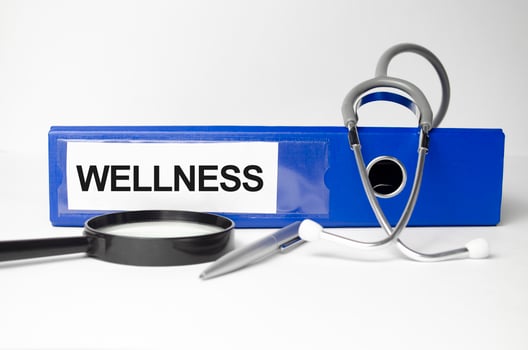 Wellness word written on blue file folder next to a stethoscope photo