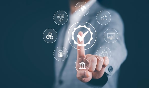 Businessman touch Quality management with Quality Assurance or QA and Quality Control or QC and improvement. Standardization and certification concept. Compliance with regulations and standards. photo