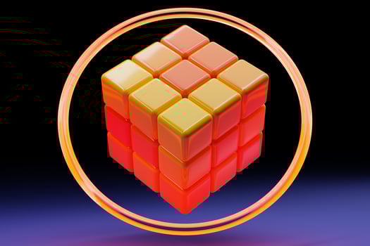 3D illustration of a   orange cube  on a blue background under a neon light. photo