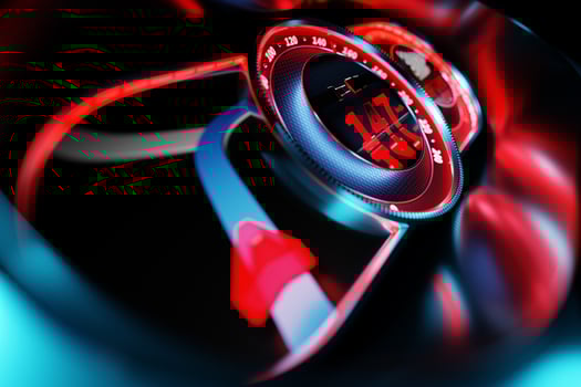 3D illustration of the new car interior details. Speedometer shows a maximum speed of 147 km  h, tachometer with red backlight with icon seat belt fastening  , the navigator shows the way photo
