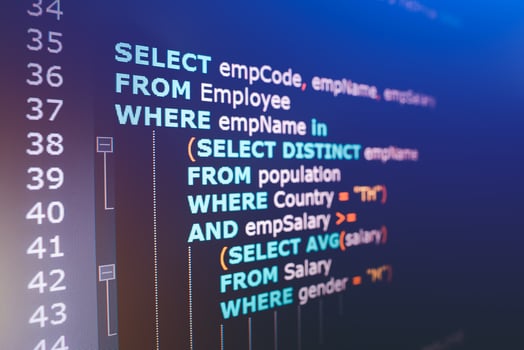 SQL or Structured Query Language code on computer monitor. Example of SQL code to query data from a database. photo