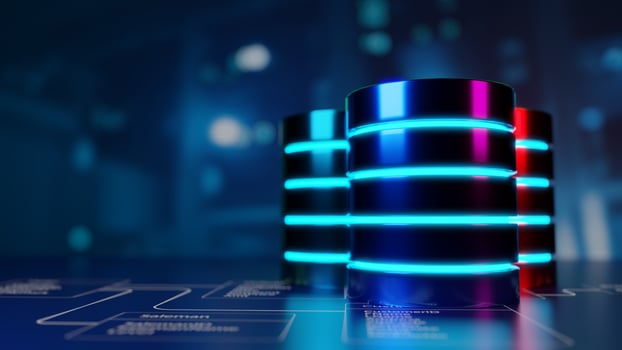 Multiple database is placed on Relational database tables with server room and datacenter background. Concept of database server, SQL, data storage, database diagram design. 3D illustration. photo