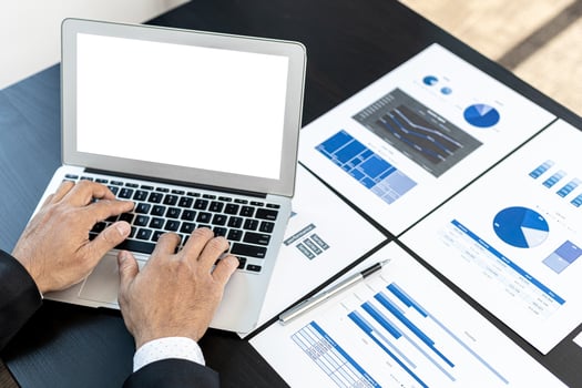 Person typing on laptop keyboard, on laptop screen blank white background for illustration, mockup screen for further editing can be used for a variety of tasks. copy space. photo