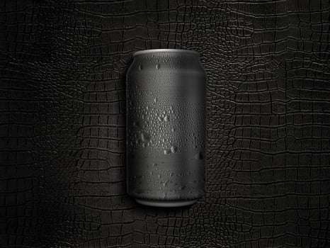 Can of cold beverage on a black leather background photo