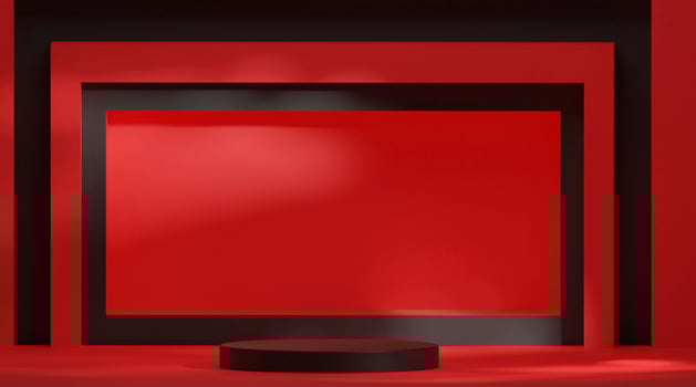 3d rendering abstract room with realistic black cylinder podium, red and black studio room background. for product display presentation geometric platform design trade show stage photo