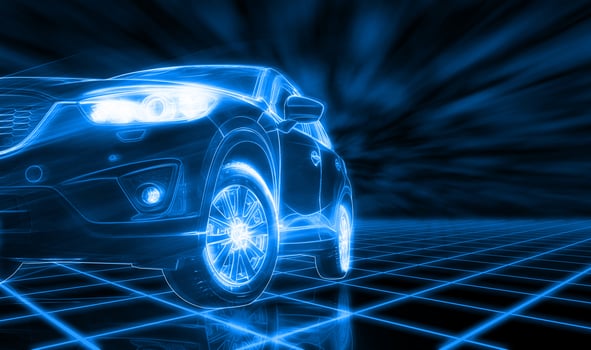 Modern SUV car open headlamp parked on dark background in futuristic vehicle concept. Future transportation. Futuristic autonomous car. Driverless autonomous vehicle. Self-driving car technology. photo