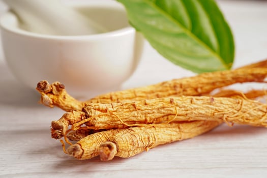 Ginseng, dried vegetable herb. Healthy food famous export food in Korea country. photo