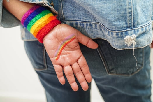Asian lady wearing rainbow flag wristbands photo