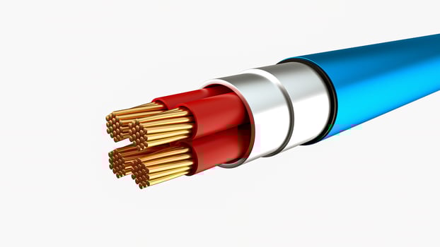 intelligent power cable, copper wires with circuit sparks isolated on White background 3d illustration photo