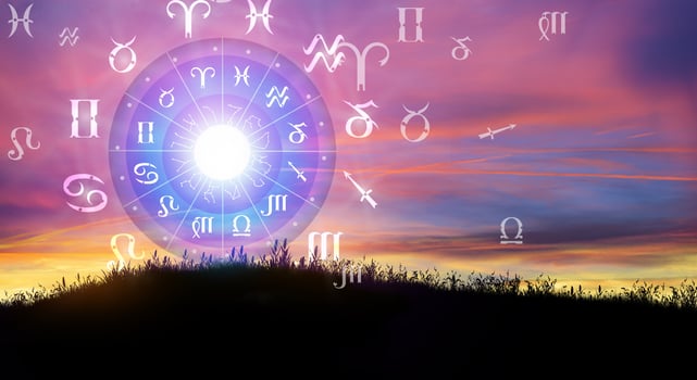 Astrological zodiac signs inside of horoscope circle. The power of the universe concept. photo
