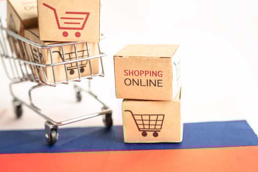 Box with shopping online cart logo and Russia flag, Import Export Shopping online or commerce finance delivery service store product shipping, trade, supplier concept. photo