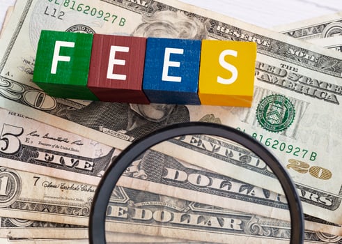 Colorful wooden cube block with Fees words on stacked of banknotes on a desk. photo