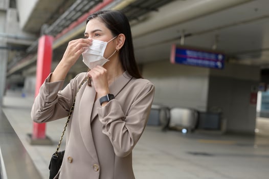 A portrait of  Businesswoman is wearing face mask work in modern City , people lifestyle , working under Covid-19 pandemic concept photo