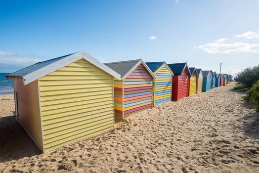 Rows of Bathing boxes at Brighton beach an iconic landmark place of Melbourne, Victoria state of Australia. photo