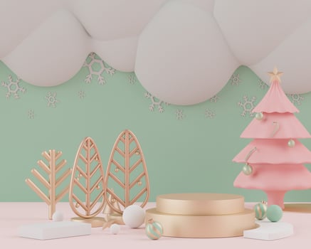 3d rendering scene of Christmas holiday concept decorate with tree and displays podium or pedestal for mock up and products presentation. photo
