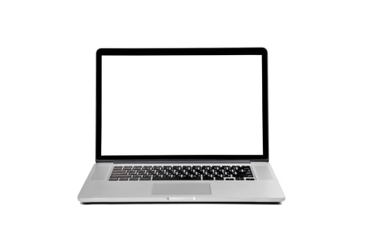 Laptop gray metalic sliver colour notebook in front side view open cover on the white background. laptop hardware and white screen Clipping Path. photo