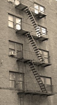 New York City apartment stairway black and white photo