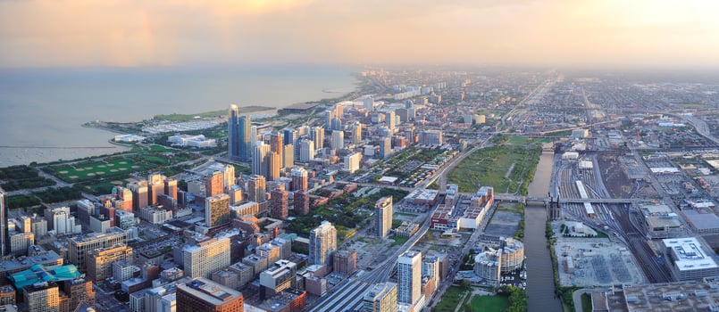 Chicago skyline at sunset photo
