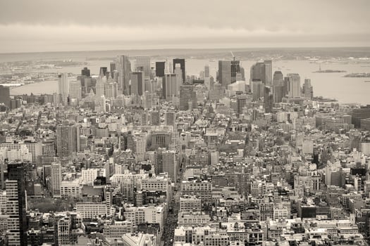 New York City Manhattan downtown skyline black and white photo