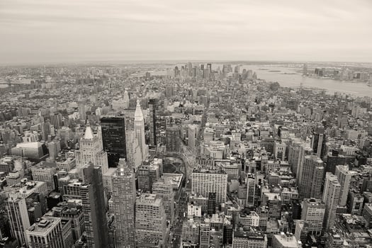 New York City Manhattan downtown skyline black and white photo