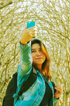 Young asian lady taking selfie photo using mobile phone with pumaria tree background