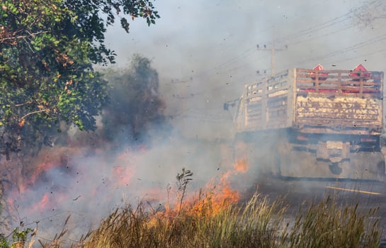 Grass fire smoke on the street. photo