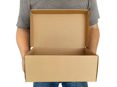Delivery man holding cardboard boxes isolated on white photo