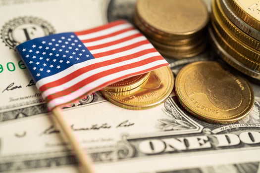 Stack of coins money with USA America flag, finance banking concept. photo