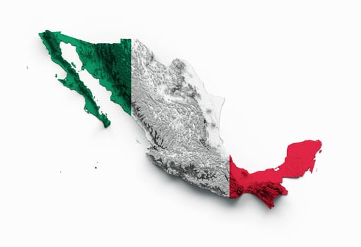 Mexico Map Mexico Flag Shaded relief Color Height map on white Background 3d illustration photo