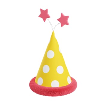 Party hat 3d illustration. Yellow paper cone with dots, pink decoration and stars for birthday or holiday celebration photo
