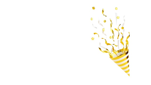 Gold party popper with flying confetti 3d render illustration isolated on white. photo