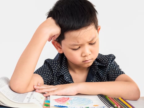 A boy is unhappy doing homework photo