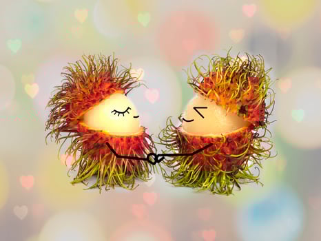 Twin partial peeled rambutans with face and hand draw for couple love concept over blurred hearts bokeh background photo