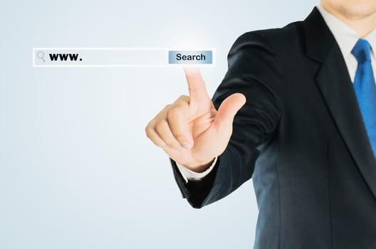 Business man is pushing SEARCH transparent button internet address bar over white background, business technology concept photo