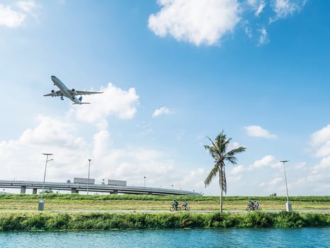 Mix transportation vehicle include airplane truck and bicycle with nature background photo