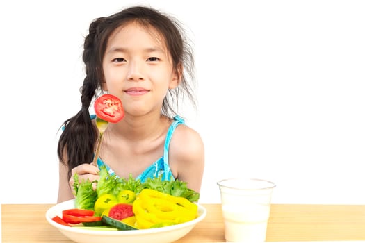 Asian lovely girl showing enjoy expression with fresh colorful vegetables and glass of milk isolated over white background photo