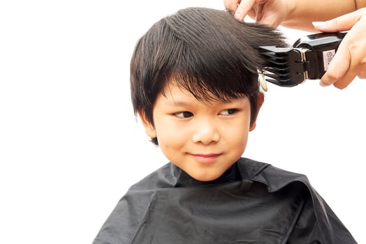 A boy is cut his hair by hair dresser isolated over white background photo