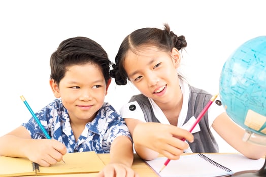 Asian kids are studying the globe over white background photo