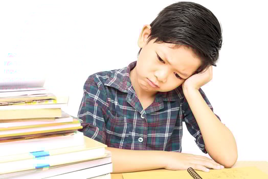 A boy is unhappy doing homework photo
