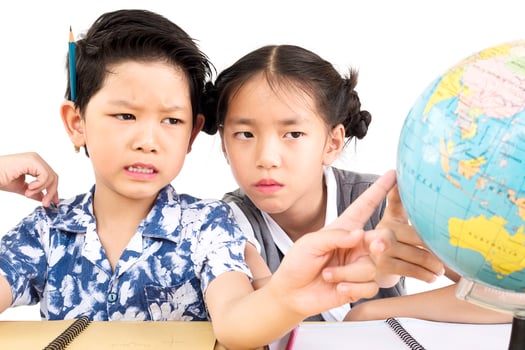 Asian kids are studying the globe over white background photo