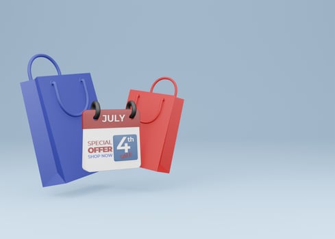 3d rendering of shopping bag and calendar icons, shopping discount concept on july 4th american independence day photo